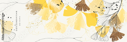 Luxury golden ginkgo leaf background wall art vector design home decorate , Autumn and fall wallpaper 