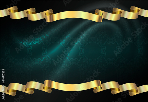 Abstract background for design. Gold ribbons on dark draped fabric with patterns.