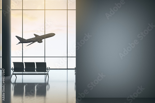 Fototapeta Naklejka Na Ścianę i Meble -  Black part of wall with copyspace in spacious airport hall with plane view from transparent wall. 3D rendering, mock up