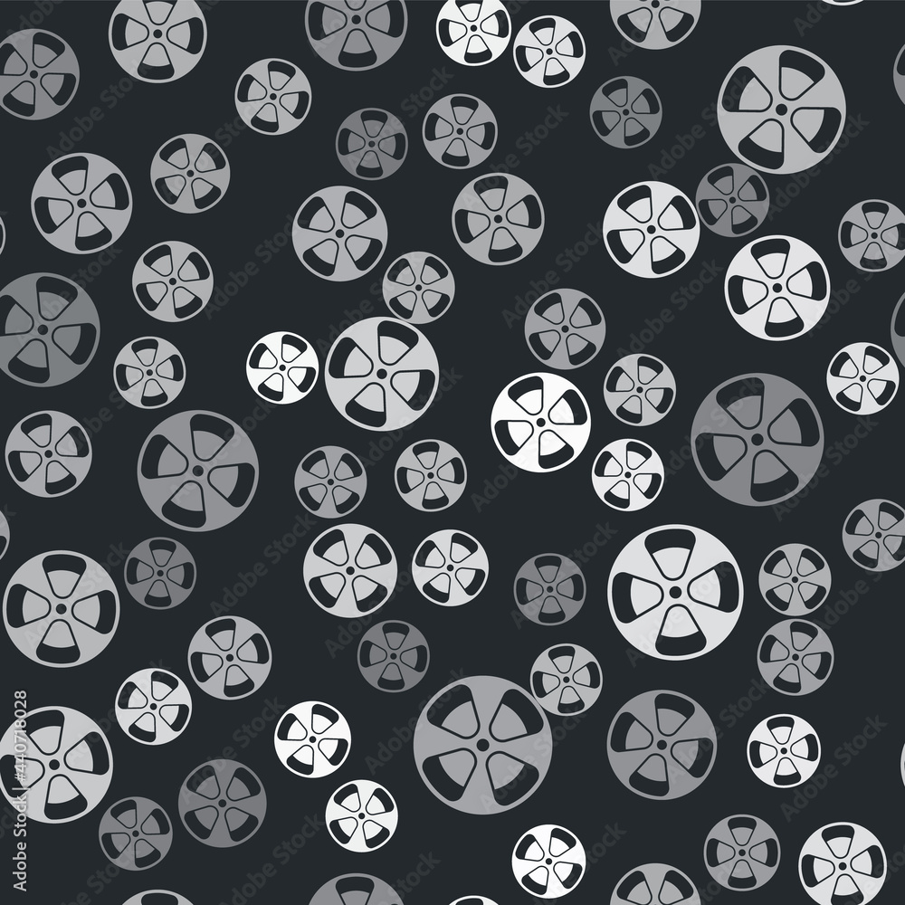 Grey Film reel icon isolated seamless pattern on black background. Vector