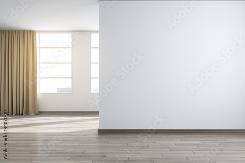 Modern white concrete interior with city view, sunlight and mockup place on blank wall. Mock up, 3D Rendering.