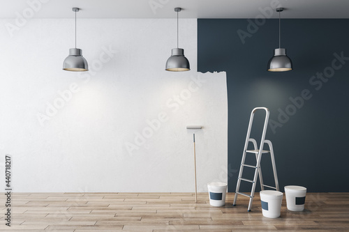 Fototapeta Naklejka Na Ścianę i Meble -  Modern grey interior before and after repairs with mock up place on white concrete wall and wooden floor. 3D Rendering.