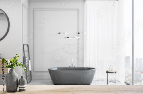 Light wooden bathroom countertop with vase on stylish sunny batroom background with black bath  light wall and city view from huge window. 3D rendering.