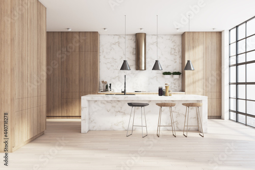Sunny light shades and eco style kitchen room with wooden walls, marble tabletop, modern bar stools and squared glass wall instead of window. 3D rendering.