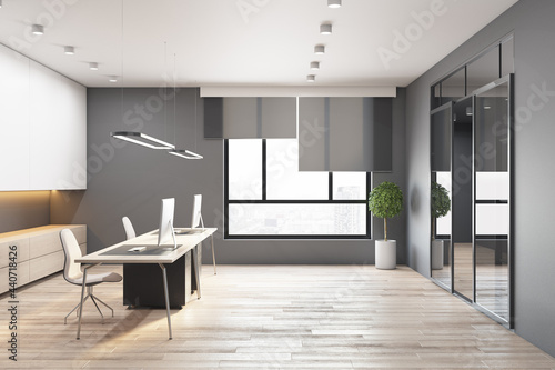Modern concrete and wooden office interior with window city view, daylight and furniture. 3D Rendering.