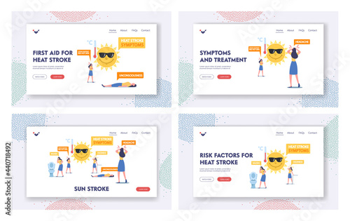 Heat Stroke Symptoms Landing Page Template Set. Characters Suffer of Sun with Nausea, Strong Heartbeat or Red Hot Skin