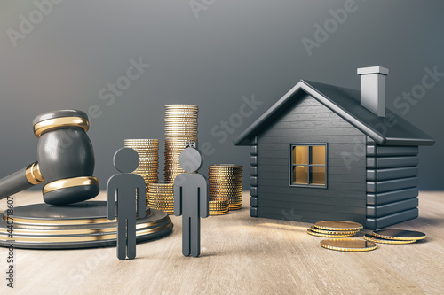 Black house with golden coin stacks, male, female and gavel on concrete and wooden background. Divorce and property division concept. 3D Rendering. photo