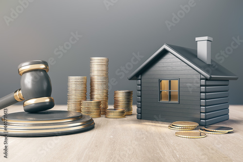 Black house with golden coin stacks and gavel on concrete and wooden background. Divorce and property division concept. 3D Rendering.