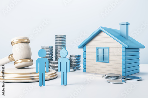 Blue house with golden coin stacks, male, female and gavel on concrete background. Divorce and property division concept. 3D Rendering.