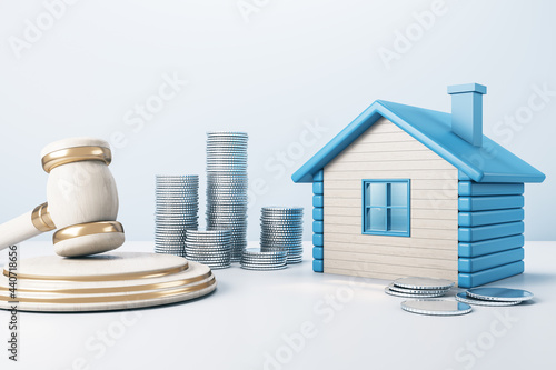 Blue house with golden coin stacks and gavel on concrete background. Divorce and property division concept. 3D Rendering.