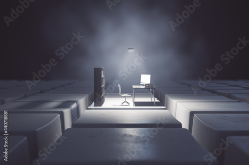 Fototapeta Naklejka Na Ścianę i Meble -  Dark desktop with computer workplace on keyboard keys. Digital transformation and remote work concept. 3D Rendering.