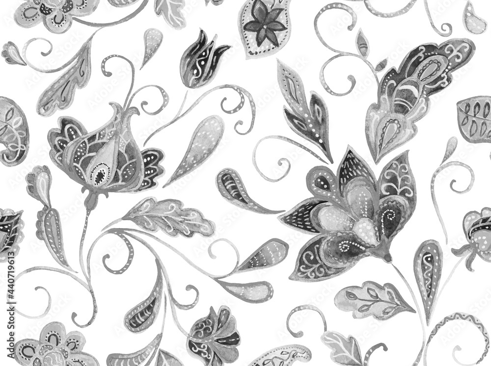 Fototapeta premium Paisley watercolor floral pattern tile with flowers, flores, tulips, leaves. Oriental traditional hand painted water color whimsical seamless print for ceramic design. Abstract indian batik background
