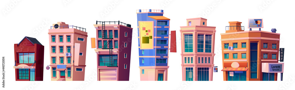 Modern town architecture and city buildings, apartments and condominiums, business centers and commerce at first floors. Contemporary design and exterior of downtown. Cartoon vector in flat style
