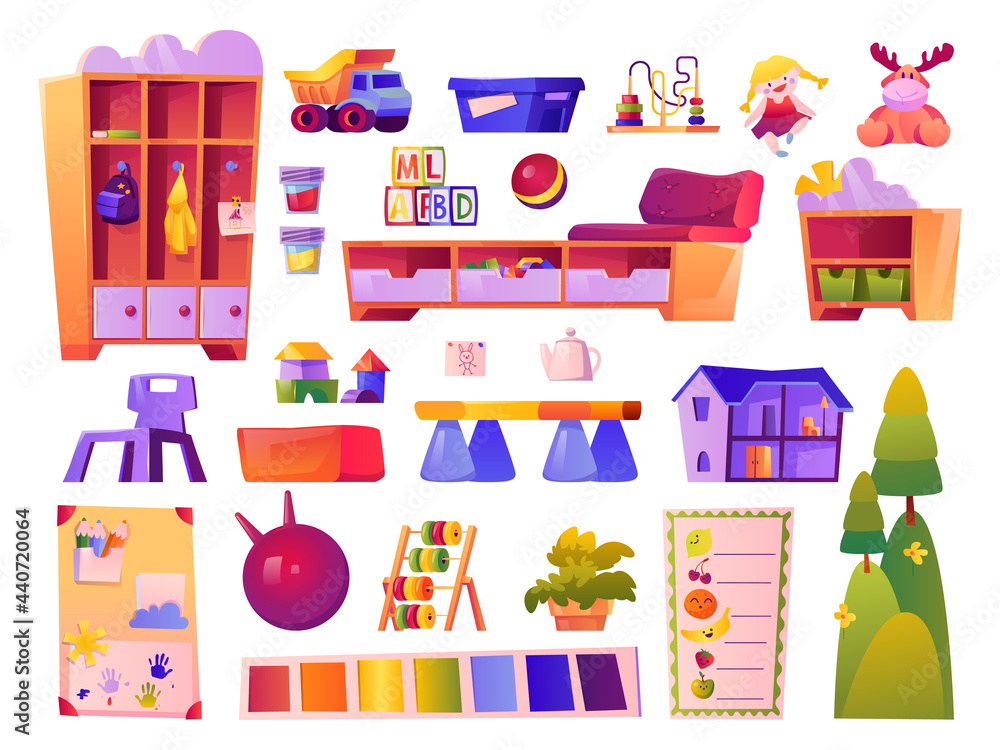 Toys and furniture of kindergarten classroom, isolated elements for
