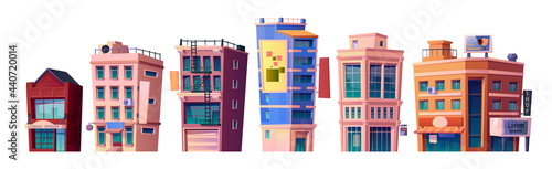Modern town architecture and city buildings, apartments and condominiums, business centers and commerce at first floors. Contemporary design and exterior of downtown. Cartoon vector in flat style