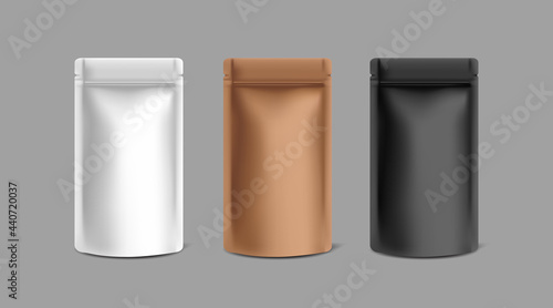 Kraft paper foil zip lock bag food stand up pouch. Mockup template for logo.