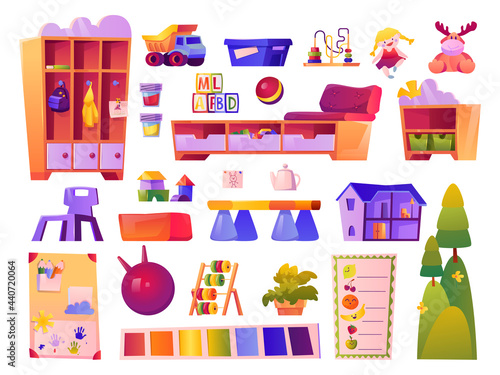 Fototapeta Naklejka Na Ścianę i Meble -  Toys and furniture of kindergarten classroom, isolated elements for small kids. Preschool education and personal belongings, wardrobe and doll house, cubes and board. Cartoon vector in flat style