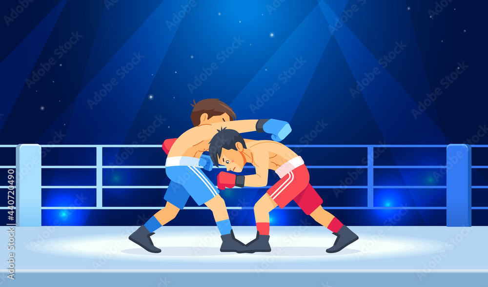 Professional Boxing among boys on ring. Teen boxing, kickboxing children on arena. Young Boxers fight with these adult emotions. Concept of sports and healthy lifestyle. Cartoon vector illustration