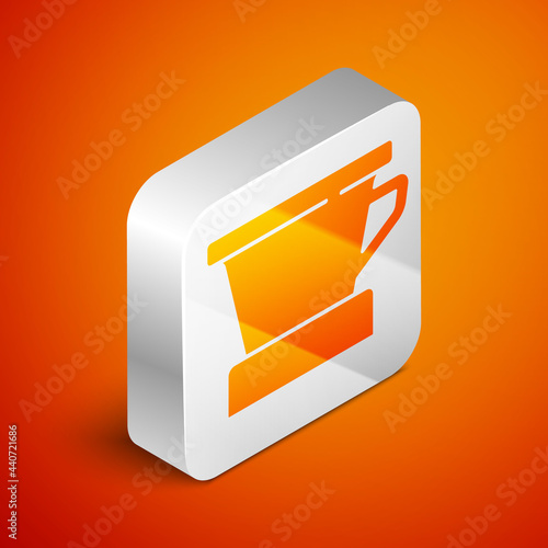 Isometric V60 coffee maker icon isolated on orange background. Silver square button. Vector