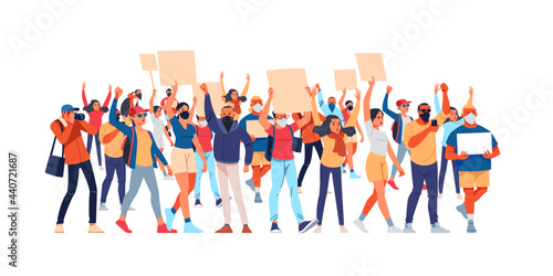 Crowds of people at a demonstration for human rights. Angry men and women protest, holding placards. Protesters at a political rally, parade, or rally. Vector flat illustration