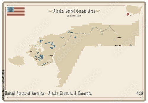 Map on an old playing card of Bethel Census Area in Alaska, USA.
