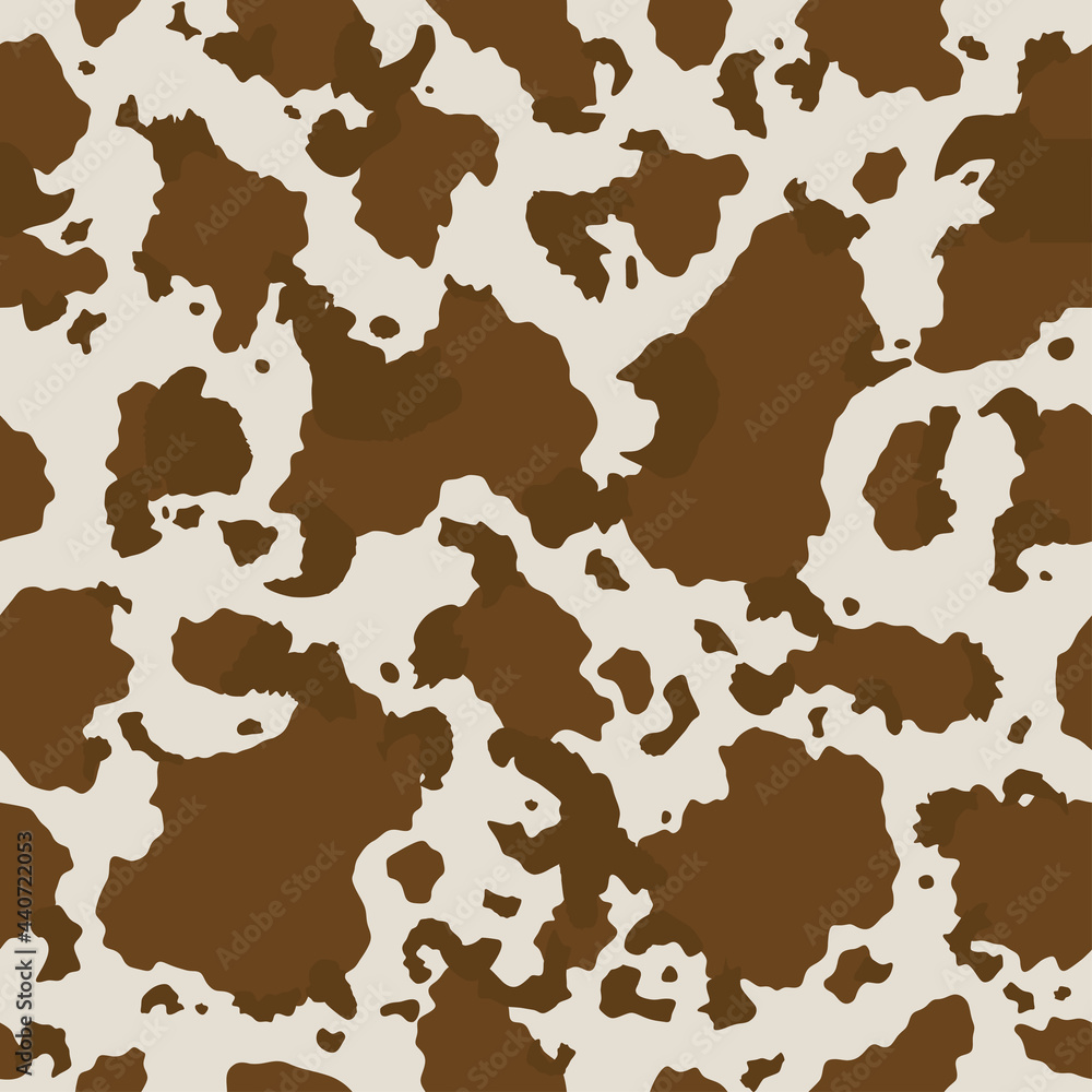 Cow skin in brown and beige spotted, seamless pattern for print, animal texture. Vector wallpaper 