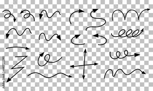 Different types of hand drawn curved arrows on transparent background