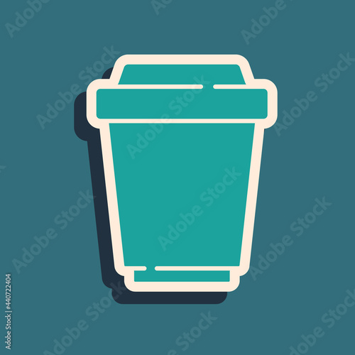 Green Coffee cup to go icon isolated on green background. Long shadow style. Vector