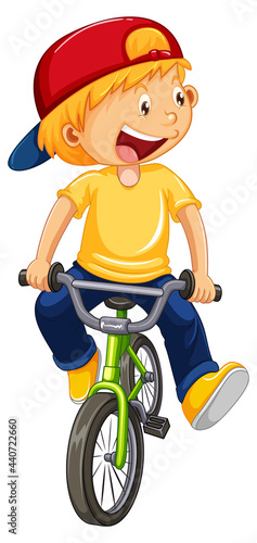 A boy cartoon character wearing cap riding a bicycle