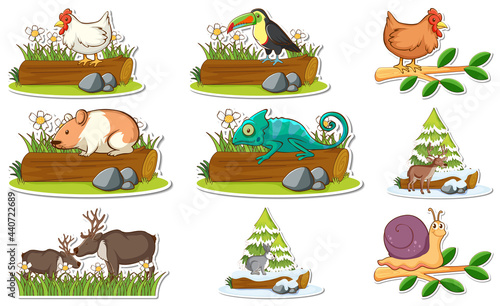 Fototapeta Naklejka Na Ścianę i Meble -  Sticker set with different wild animals and nature elements