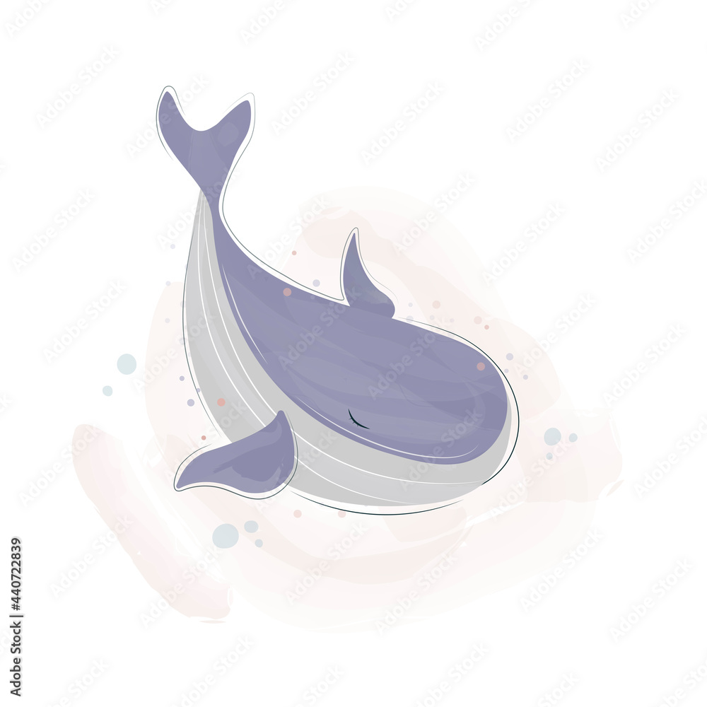 Watercolor vector illustration of a cute whale in cartoon style Stock ...