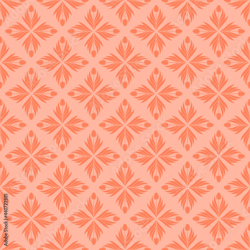Seamless pattern with a pattern of the silhouette of tulips and leaves. Design in coral, orange for printing, packaging, fabric. Electric Tangerine. Damascus styling. Vector illustration