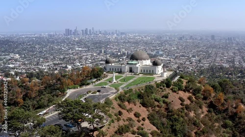 Arial, epic view of the Los Angeles cityscape and Griffith Observatory, drone view