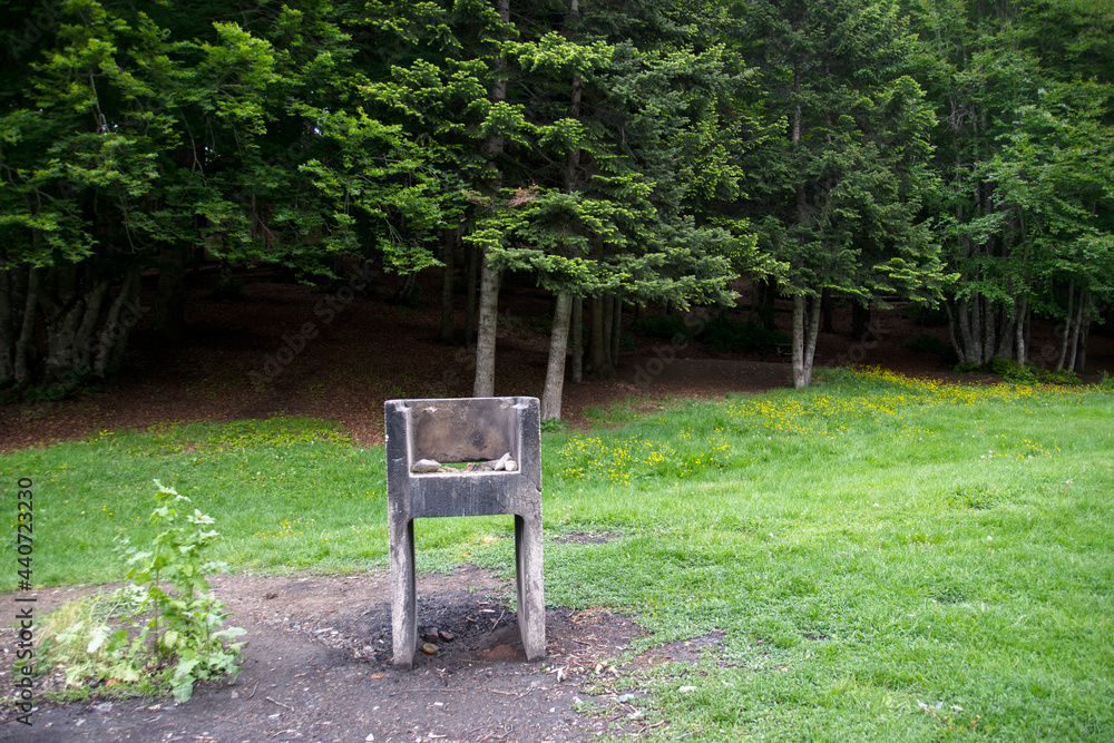 In Bolu, Abant national park, a barbecue made of concrete stands right in front of the woods In Bolu, Abant national park, a barbecue made of concrete stands right in front of the woods