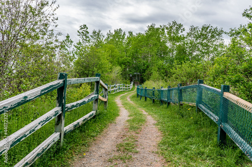 Hiking trail leading to the Pointe aux Corbeaux rock in Paspebiac, Quebec (Canada)
