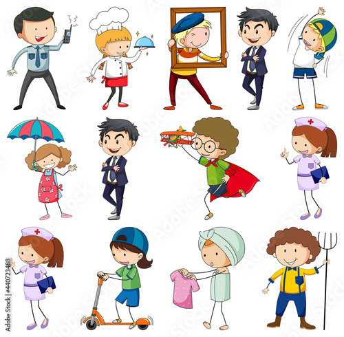 Set of different doodle kids cartoon character isolated