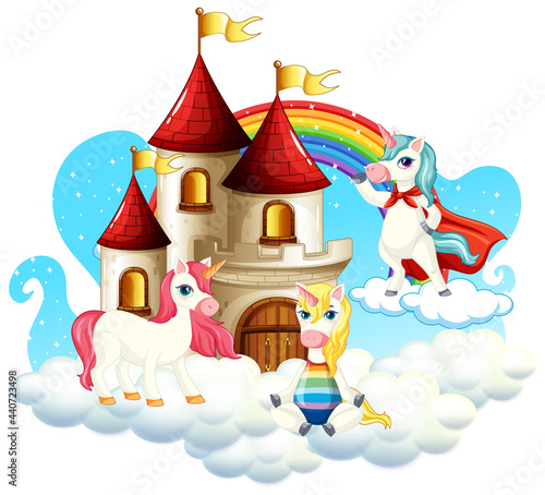 Many cute unicorns cartoon character with castle on the cloud