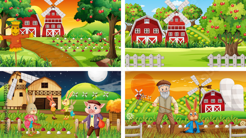 Different farm scenes with old farmer and animal cartoon character