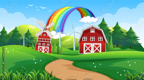 Farm landscape scene with barn and windmill