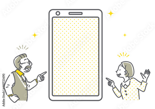 シニア夫婦と空白のスマホ画面のシンプルでお洒落な線画イラスト