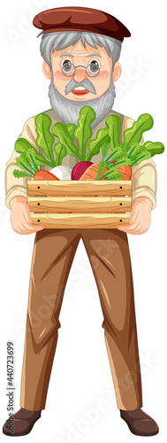 Old farmer man holding wooden crate of vegetable isolated