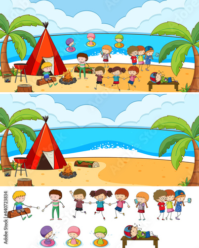 Beach scene set with many kids cartoon character isolated