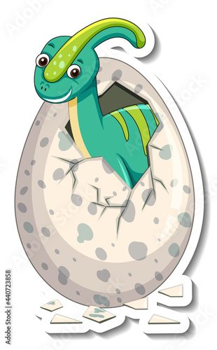 A sticker template with baby dinosaur hatching from an egg