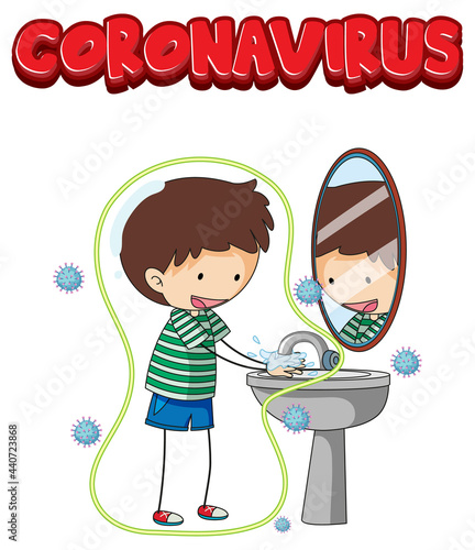 Coronavirus font design with a boy washing his hands on white background