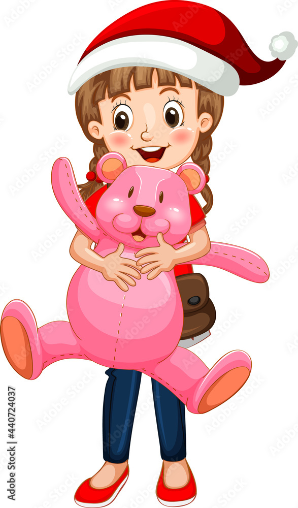 Happy girl cartoon character holding a teddy bear