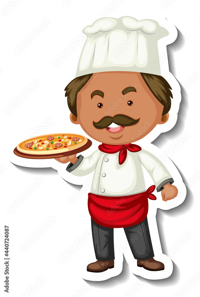 Sticker template with a chef man holds pizza tray isolated Sticker template with a chef man holds pizza tray isolated