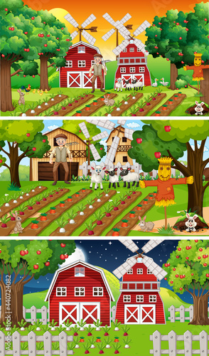 Different farm scenes with old farmer and animal cartoon character