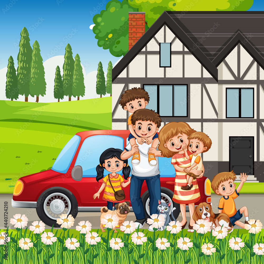 Happy family standing outside home with a car