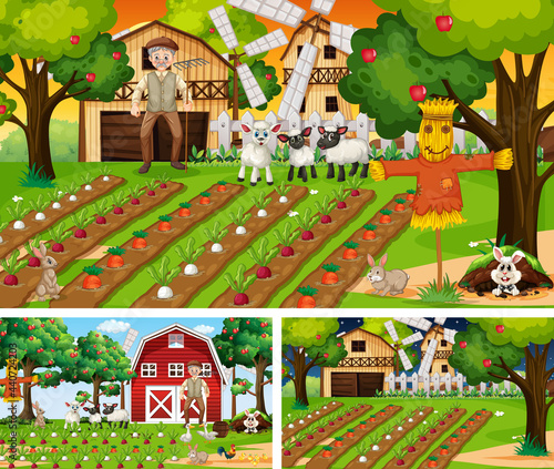 Different farm scenes with farm animals cartoon character