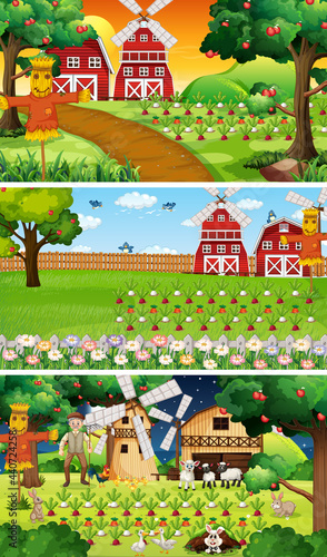 Different farm scenes with old farmer and animal cartoon character